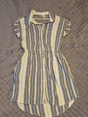 Japna Blue and White 100% Cotton Striped Button-Front Dress